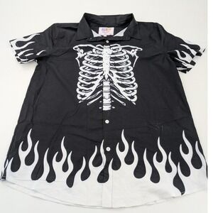 Men's Button Down Black Large SS Shirt Skeleton Flames Goth Rib Cage Arvin Hill